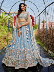 Blue colour Tissue Fabric with Sequinse and Thread embroidery Semi-Stitched Lehenga choli & Dupatta