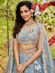 Blue colour Tissue Fabric with Sequinse and Thread embroidery Semi-Stitched Lehenga choli & Dupatta