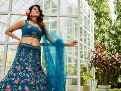 Navy blue net with Coding & Zarkan embroidery Semi-Stitched Lehenga choli & Dupatta