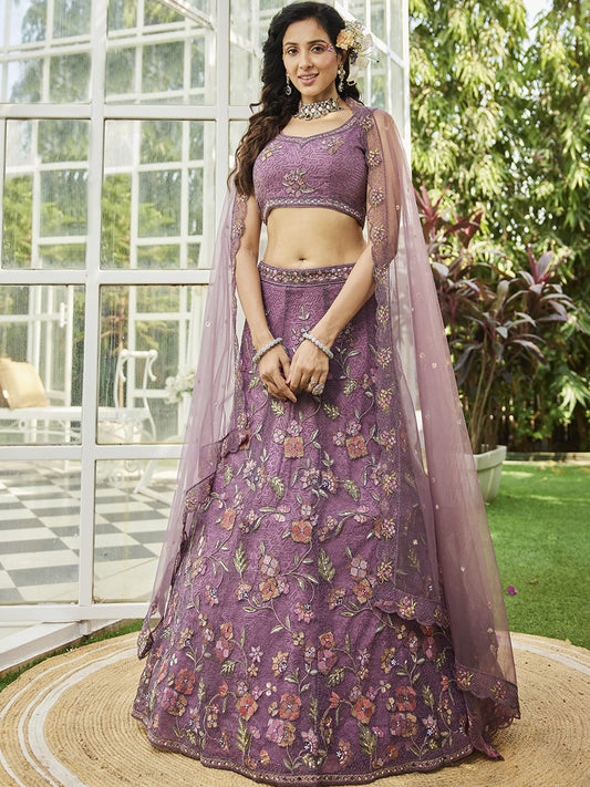 Lavender net with Coding and Zarkan embroidery Semi-Stitched Lehenga choli & Dupatta