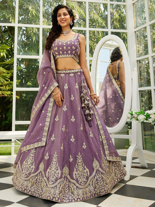 Purple colour Orange with Sequinse and Moti embroidery Semi-Stitched Lehenga choli & Dupatta