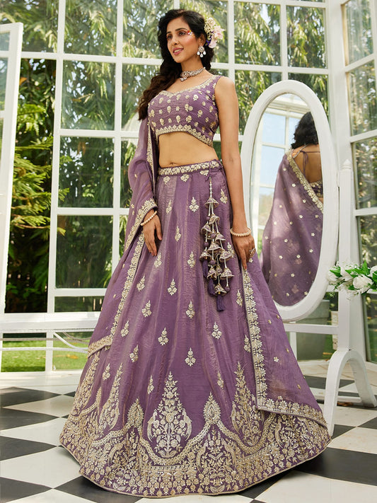 Purple colour Orange with Sequinse and Moti embroidery Semi-Stitched Lehenga choli & Dupatta