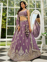 Purple colour Orange with Sequinse and Moti embroidery Semi-Stitched Lehenga choli & Dupatta