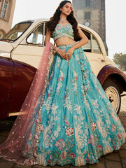 Turquoise blue Satin Silk Sequins embroidery Semi Stitched Lehenga choli and Dupatta
