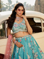 Turquoise blue Satin Silk Sequins embroidery Semi Stitched Lehenga choli and Dupatta