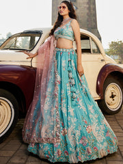 Turquoise blue Satin Silk Sequins embroidery Semi Stitched Lehenga choli and Dupatta