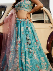 Turquoise blue Satin Silk Sequins embroidery Semi Stitched Lehenga choli and Dupatta