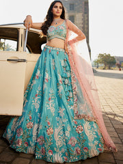Turquoise blue Satin Silk Sequins embroidery Semi Stitched Lehenga choli and Dupatta