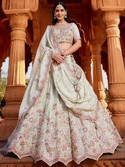 Lime green Tissue Sequinse embroidery Semi-Stitched Lehenga choli and Dupatta