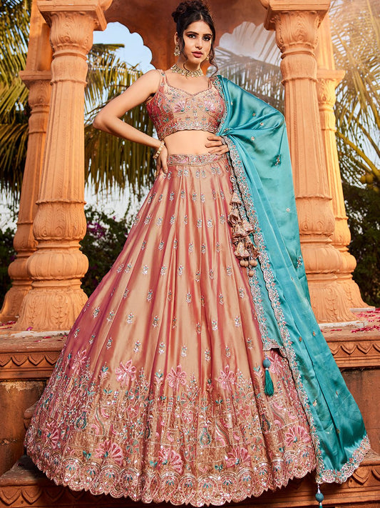Nude Georgette Sequins embroidery Semi Stitched Lehenga choli and Dupatta