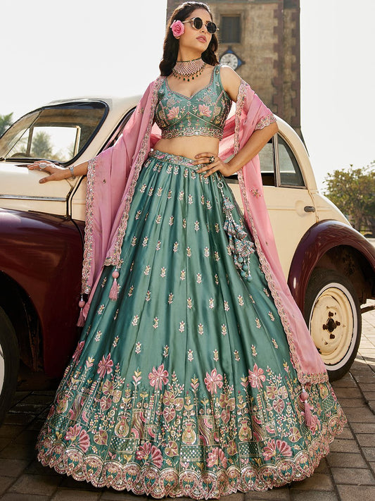 Lime green Georgette Sequins embroidery Semi Stitched Lehenga choli and Dupatta