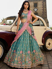 Lime green Georgette Sequins embroidery Semi Stitched Lehenga choli and Dupatta