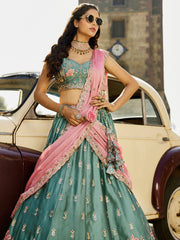 Lime green Georgette Sequins embroidery Semi Stitched Lehenga choli and Dupatta