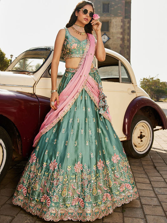 Lime green Georgette Sequins embroidery Semi Stitched Lehenga choli and Dupatta