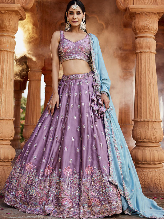 Lavender Georgette Sequins embroidery Semi Stitched Lehenga choli and Dupatta
