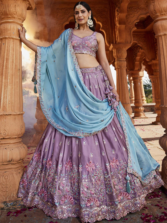 Lavender Georgette Sequins embroidery Semi Stitched Lehenga choli and Dupatta