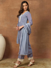 Women Ethnic Motifs Embroidered Regular Thread Work Chanderi Cotton Kurta with Trousers & With Dupatta