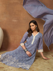 Women Ethnic Motifs Embroidered Regular Thread Work Chanderi Cotton Kurta with Trousers & With Dupatta