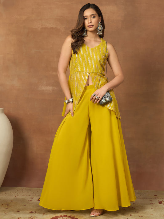 Embellished V-Neck Top With Palazzos Co-Ords