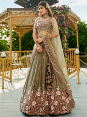 Olive colour Satin Sequinse embroidery Semi Stitched Lehenga choli and Dupatta