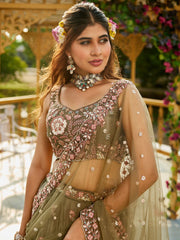 Olive colour Satin Sequinse embroidery Semi Stitched Lehenga choli and Dupatta