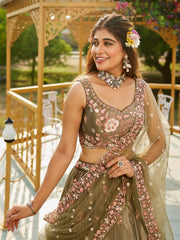 Olive colour Satin Sequinse embroidery Semi Stitched Lehenga choli and Dupatta