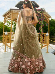 Olive colour Satin Sequinse embroidery Semi Stitched Lehenga choli and Dupatta