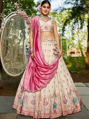 Cream colour Tissue Sequinse embroidery Semi Stitched Lehenga choli and Dupatta