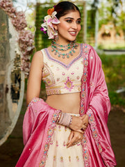 Cream colour Tissue Sequinse embroidery Semi Stitched Lehenga choli and Dupatta