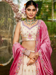 Cream colour Tissue Sequinse embroidery Semi Stitched Lehenga choli and Dupatta