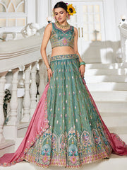 Sea green colour Tissue Sequinse embroidery Semi Stitched Lehenga choli and Dupatta