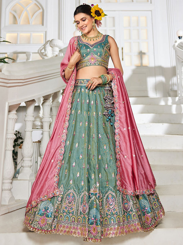 Sea green colour Tissue Sequinse embroidery Semi Stitched Lehenga choli and Dupatta