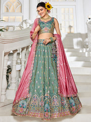 Sea green colour Tissue Sequinse embroidery Semi Stitched Lehenga choli and Dupatta
