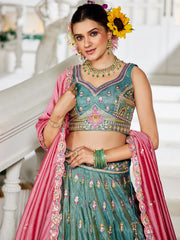 Sea green colour Tissue Sequinse embroidery Semi Stitched Lehenga choli and Dupatta