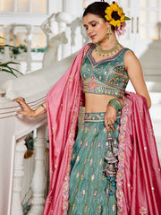 Sea green colour Tissue Sequinse embroidery Semi Stitched Lehenga choli and Dupatta