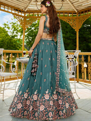 Teal colour Satin Sequinse embroidery Semi Stitched Lehenga choli and Dupatta