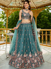 Teal colour Satin Sequinse embroidery Semi Stitched Lehenga choli and Dupatta