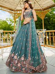 Teal colour Satin Sequinse embroidery Semi Stitched Lehenga choli and Dupatta