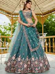 Teal colour Satin Sequinse embroidery Semi Stitched Lehenga choli and Dupatta