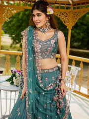 Teal colour Satin Sequinse embroidery Semi Stitched Lehenga choli and Dupatta