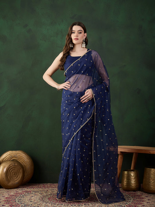 Women Embroidered Organza Saree With Blouse Piece