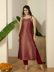 Woven Design Straight Kurta With Trousers & Dupatta
