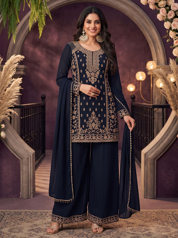 Blue All Over Beads Embroidered Palazzo Style Suit
