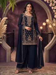 Blue All Over Beads Embroidered Palazzo Style Suit