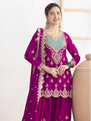 Magenta Dabka Dori and Sequins Palazzo Style Suit