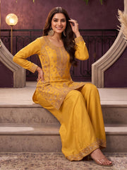 Mustard All Over Beads Embroidered Palazzo Style Suit
