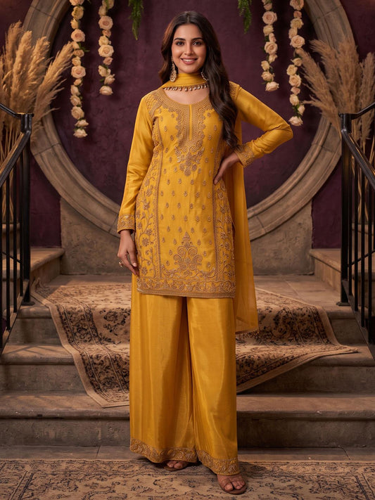 Mustard All Over Beads Embroidered Palazzo Style Suit