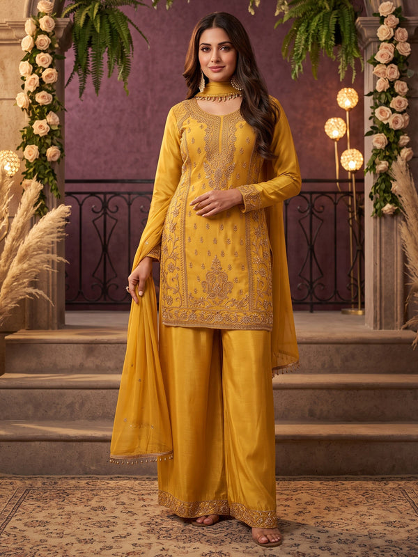 Mustard All Over Beads Embroidered Palazzo Style Suit