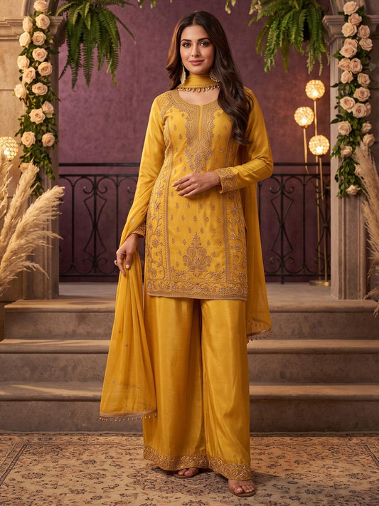 Mustard All Over Beads Embroidered Palazzo Style Suit