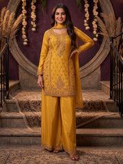 Mustard All Over Beads Embroidered Palazzo Style Suit